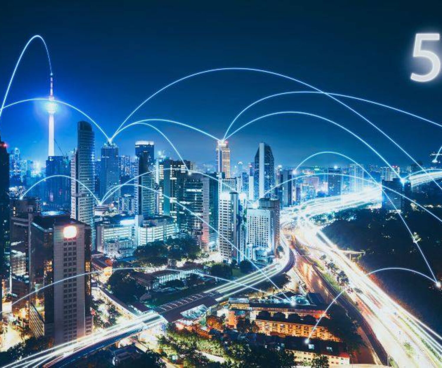 5G network wireless systems and internet of things with modern city skyline. Smart city and communication network concept .